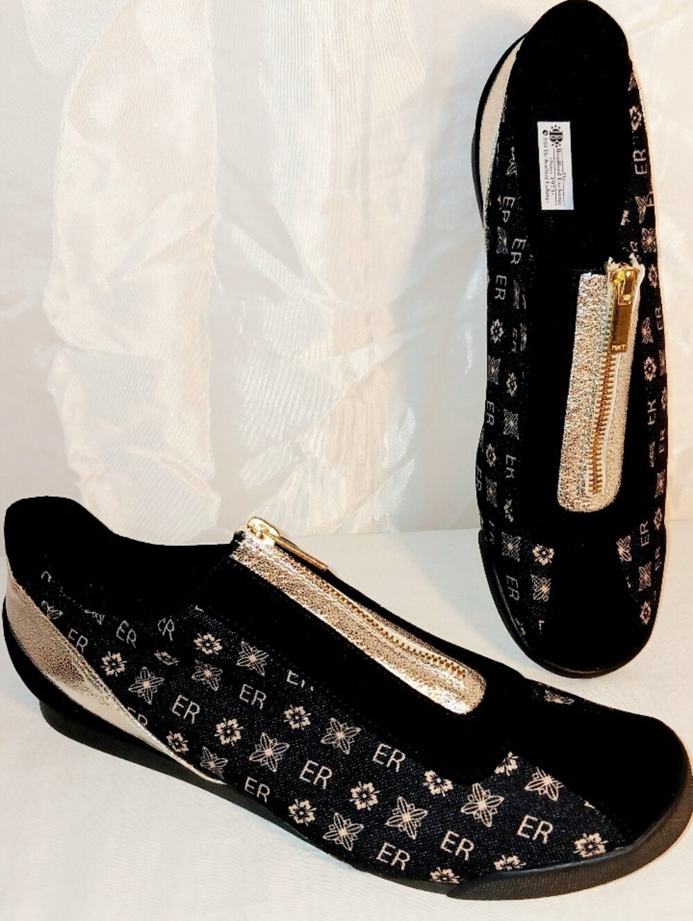 "The Bradford Exchange" Black and Gold Zip-Front Monogram Loafers Size 10